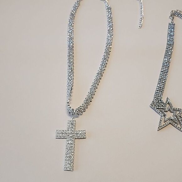 Cross and Star Crystal Rhinestone Necklaces Silver Tone - Picture 2 of 5